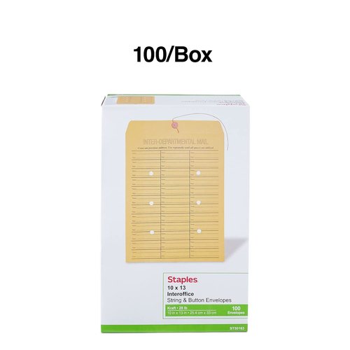 Staples 472993 Button-and-String Kraft Inter-Depart. Envelopes 10-Inch X13-Inch Brown 100/Bx