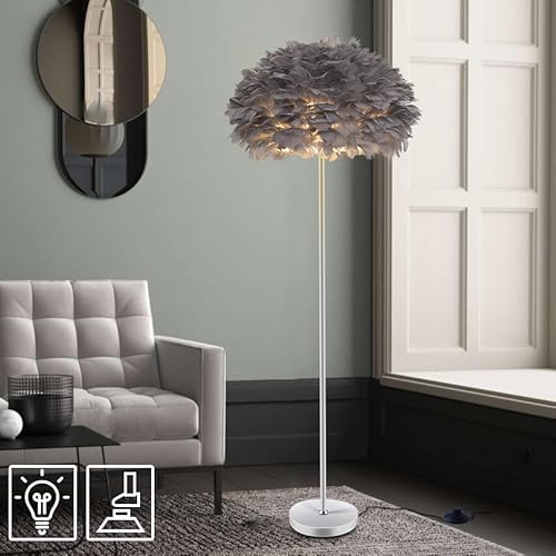 Modern Grey Feather Floor Lamp,Tall Standing Lamp for Living Room,Bedroom,Office Decor with Goose Feather Shade,Stable Metal Base, Eye-Friendly Soft Light,Foot Switch,59 Inch Height