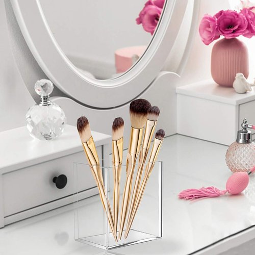 Dingelex 8 Pack Clear Acrylic Pen Pencil Holder Cup, Clear Makeup Brush Holder Acrylic Desk Accessories Square Stationary Organizer for Office School Home