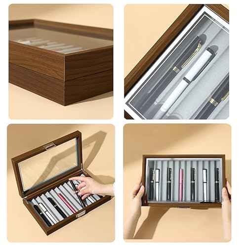 12-Slot Fountain Pen Display Box, Black Walnut Wood Pen Organizer with Clear Glass Window, Luxury Pen Storage Case for Fountain Pen Collection Pencil Holders