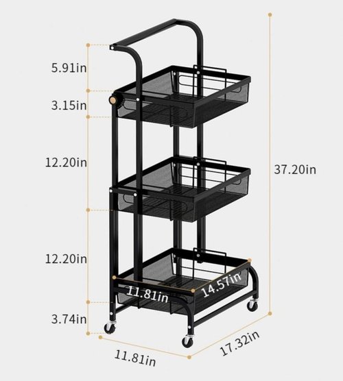 3 Tier Rolling Cart - Metal Utility Cart with Wheels, Heavy Duty Mesh Rolling Storage Cart Organizer, Craft Cart for Office, Lightweight and Sturdy, for Bathroom, Kitchen, Garden, Laundry Room