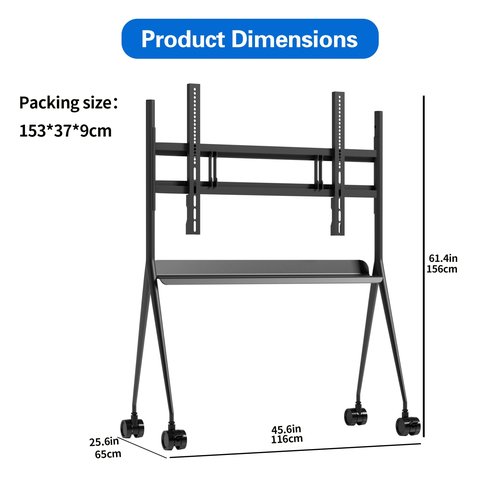Tiburn Mobile Smart Board Stand with Locking Wheels for 55" - 75" Interactive Whiteboards | Adjustable Height, Removable Stand for Home, Classroom, Office