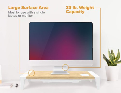 Bostitch Office Wooden Monitor Stand with Wireless Charging Pad, Drawer for Storage, Adjustable Height Riser Includes Removable Non-Skid Rubber Feet - Wood Grain and White (STND-248WH)
