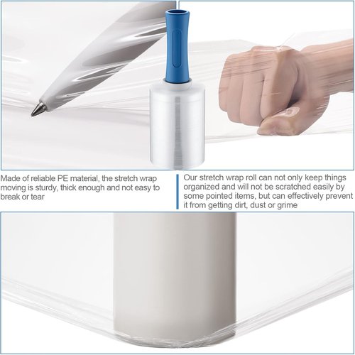 Jutom Mini Stretch Film - 16 Pcs Industrial Shrink Wrap Rolls with 2 Handles | 5" x 1000 ft Clear & Blue