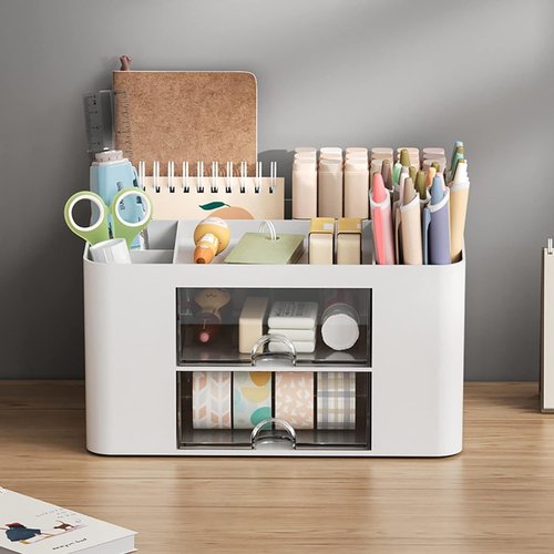 Catekro Desk Organizer with 2 Drawer, Multi-Functional Pencil Holder for Desk, Desk Organizers and Accessories with 5 Compartments + Drawer, Office Supplies, Vanity Table Office School Home(White)