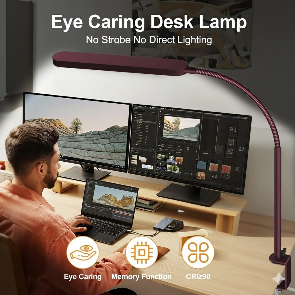 SKYLEO LED Desk Lamp - Desk Light for Home Office - Flexible Gooseneck - 5 Color Modes X 11 Brightness Levels - 1300LM - Timmer & Memory Function - 12W Clip on Light - Red