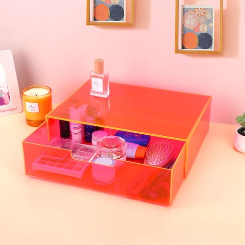 Gelite Acrylic Desk Organizer with Drawer for Makeup Vanity Stackable Desktop Storage Box for Office Supplies, 13.8 x 9.8 x 3.9’’, Neon Pink