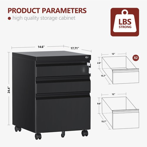 RAVIGIN 3 Drawer File Cabinet，Mobile Filing Cabinet with Lock and Wheels，Un-Assembled Metal Under Desk File Cabinets for A4/Letter/Legal Size（Black