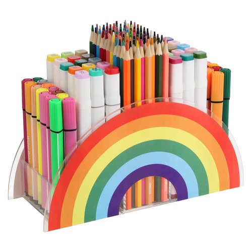 Flytreal Acrylic Pen Pencil Holder Clear Desk Organizer, Rainbow Home Office Desk Pen Storage Stand, Corner Desktop Stationery Organizer for Women Kids Students School Art Supplies