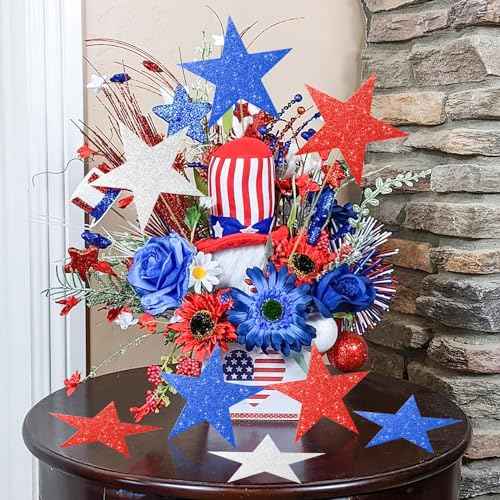 60 Pcs Patriotic Star Cutouts Double Printed Paper Star Confetti Cutouts for 4th of July Decoration Bulletin Board Classroom Wall Decoration,6 Inches (Red, Blue, Silver)