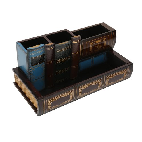 Retro Pen Holder, Vintage Fake Book Shaped Wooden Pencil Holder Desk Organizer with Drawer Wooden Pencil Cup for Home Office Study Library