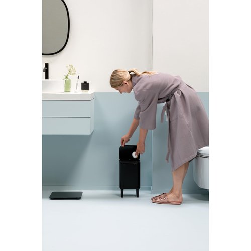 Brabantia - Bo Small Waste Trash Can Hi 1.1 Gal with Soft-Close Lid, Removable Inner Bucket, and Transport Grip – Ideal for Bathroom, Bedroom, and Home Office – Matte Black - LWH: 7.9 x 6.8 x 14.2