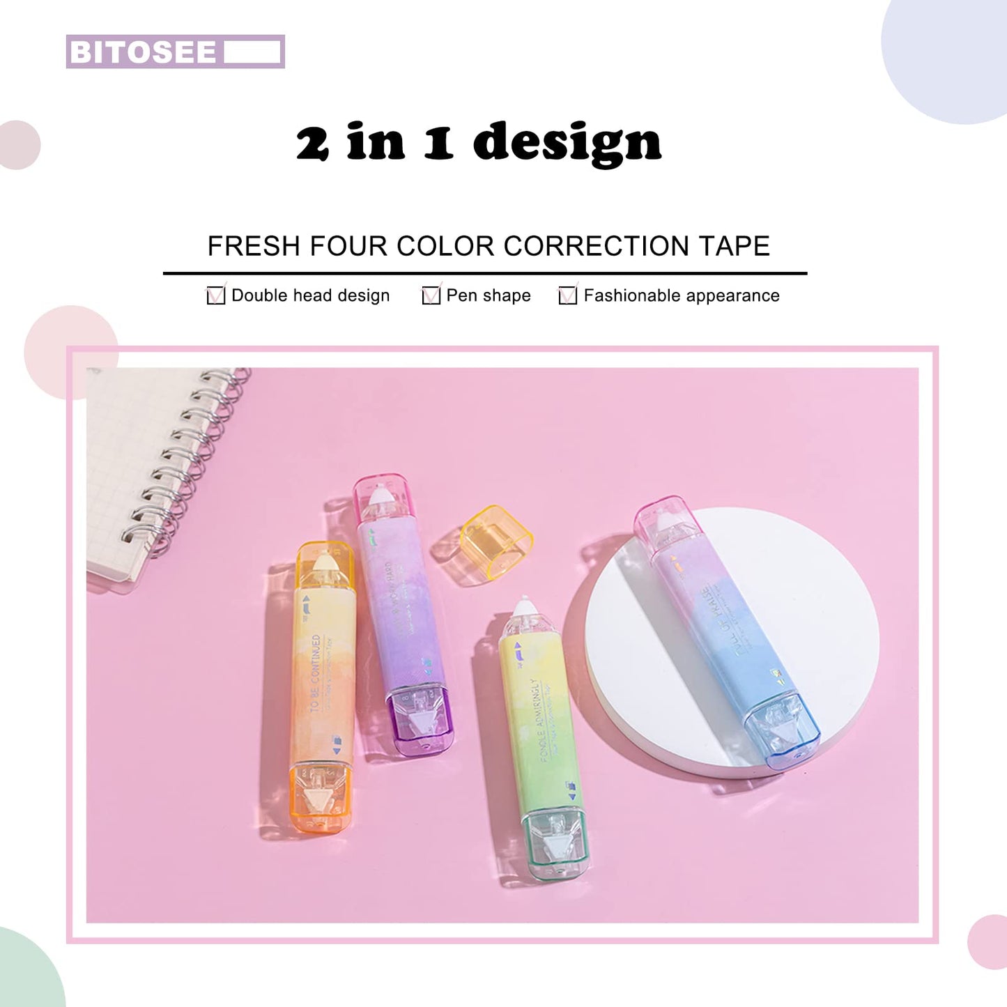 BITOSEE 2 in 1 Correction Tape and Double Sided Tape Roller, Cute Quick Dry Japan Correction Tape, with Permanent Scrapbook Adhesive Tape Dispenser, for School Office Supplies(SH-C)