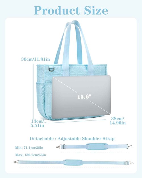 GreenTribes Work Tote Bag for Women with 15.6 Inch Laptop Compartment Quilted Nurse Bag for Work with Shoulder Strap, Zipper and Pockets (Blue)