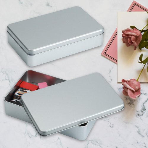 AnRui 2Pcs Silver Metal Tin Box with Lid - 7.1 x 4.33 x 1.57 inch Small Metal Containers Portable Box Holder for Candies, Pills, Crafts, Jewelry, Cash, Watercolor, Car Keys