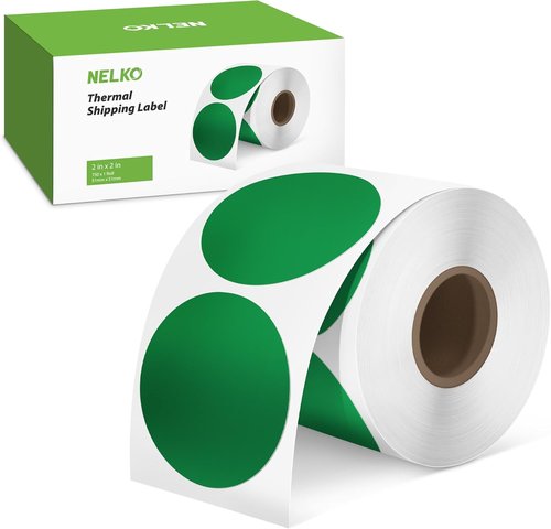 Nelko 2-Inch Green Circle Thermal Stickers - Self-Adhesive Labels for Custom Logo & QR Code | 750 Labels/Roll