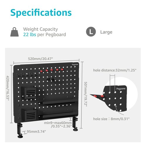 PEGZONE Clamp-on Desk Pegboard, Desk Organizer for Office Gaming Home, Magnetic Metal Peg Board with 15 Accessories, Privacy Panel for Office, 20.4" x 16.5", Large, Black