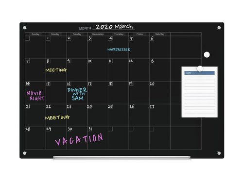 Audio-Visual Direct Magnetic Black Calendar Glass Dry-Erase Board Set - 3' x 2' - for Wall - Monthly Planner