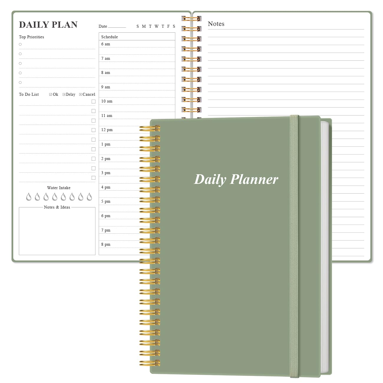 Daily Planner Undated - A5 To Do List Notebook Hourly Schedules, Spiral Appointment Planner for Women and Men, PVC Hardcover, Inner Pocket, Elastic Closure, 5.8" x 8.3", Green