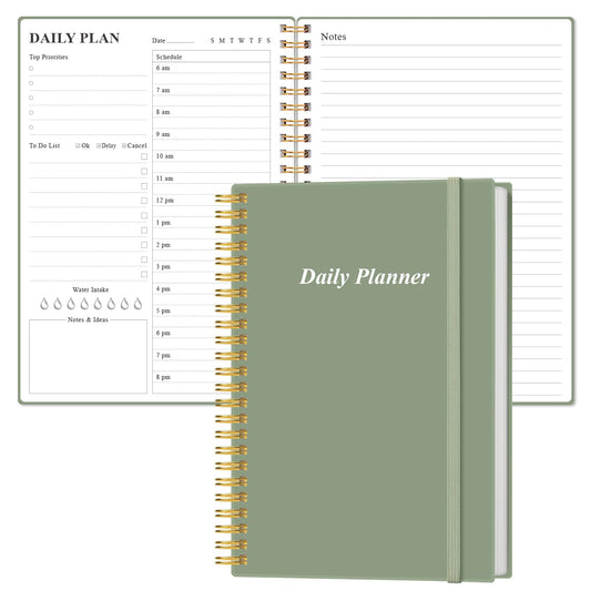 Daily Planner Undated - A5 To Do List Notebook Hourly Schedules, Spiral Appointment Planner for Women and Men, PVC Hardcover, Inner Pocket, Elastic Closure, 5.8" x 8.3", Green
