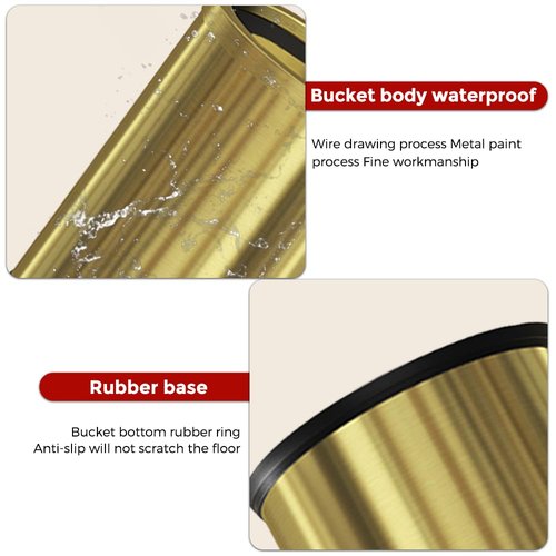 LEASYLIFE 9L/2.4GAL Gold Bathroom Trash can, Brass Bathroom Garbage can Without lid, Small Gold Black Wastebasket for Bathroom, Children's Room,Hotel, Office (Gold)