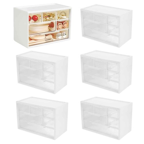 LIPCHEEGO 6 Pcs Small Drawer Organizer for Desk, Mini Desktop Drawer Organizer with 6 Clear Drawers, Plastic Desktop Craft Storage Box for Desk Office School Home 7.1" x 3. 8" x 4.6" (White)