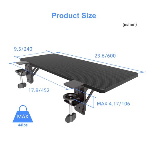 Suptek Clamp-on 9.5 x 23.6 inch Desk Extender, Wrist Support, Foldable Keyboard Tray Platform, Suitable for Office Desks, Carbon Fiber, DSF3L