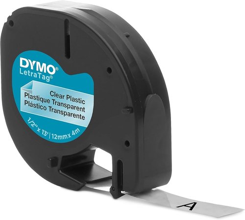 DYMO LetraTag Labeling Tape - Black Print on White Plastic, 1/2" W x 13' L, 1 Roll