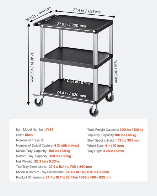 VEVOR Utility Cart, 300 lbs Load Capacity, 27.6 x 18.1-inch Service Cart, Three-Shelf Heavy Duty Plastic Utility Cart with 360° Swivel Wheels (2 with Brakes), Suitable for Warehouse, Garage, Cleaning
