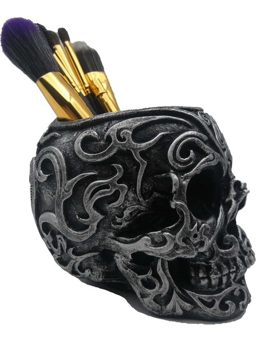 CUZOKOLA Gothic Skull Decor Makeup Brush Holder Vanity Decor with Strong Resin,Pen Holder for Home Office Desk Decorative&Succulent Flowerpot (Silver)