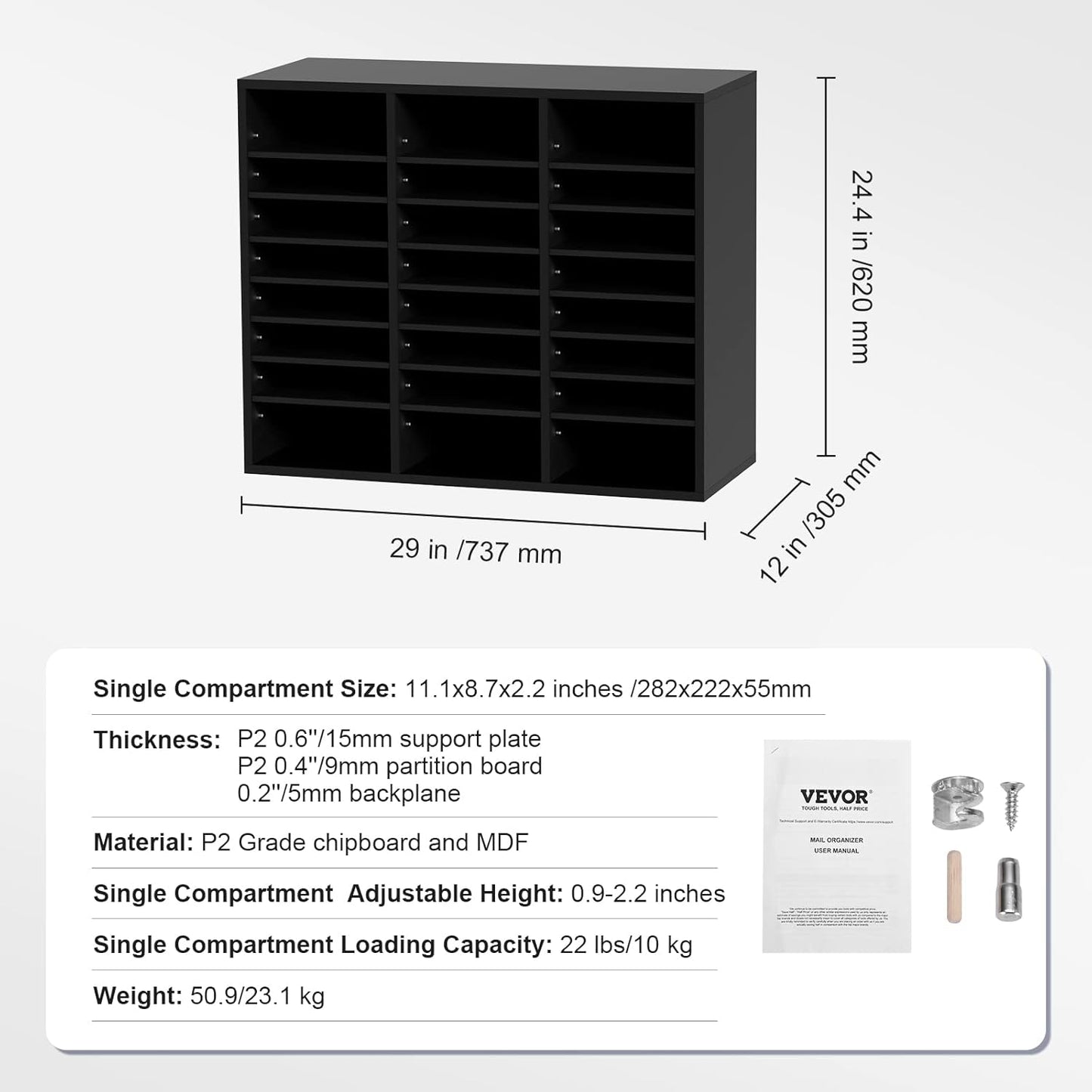 VEVOR Literature Organizer - 24 Compartments Mailbox with Adjustable Shelves | EPA Certified Black, 29x12x24.4 Inches