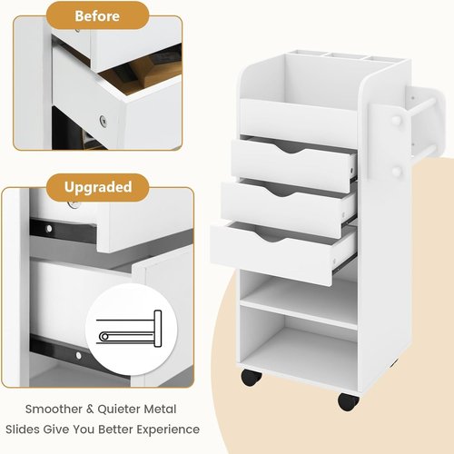 Nightcore Rolling Storage Drawer Cart, Mobile Chest of Drawers, 3 Shelves, 3 Slots, 2 Rolling Rods, Organizer Cabinet w/Lockable Casters, Wide Storage Space for Home Office, Living Room, Study (White)
