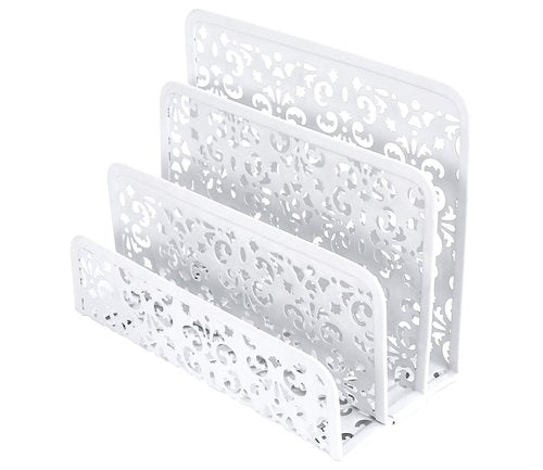 EasyPAG 5-Piece Desk Organizer Set with Carved Floral Design - No Assembly Stackable 2-Tier File Tray, Letter Sorter, Pen & Card Holders for Office/Home/Dorm, White