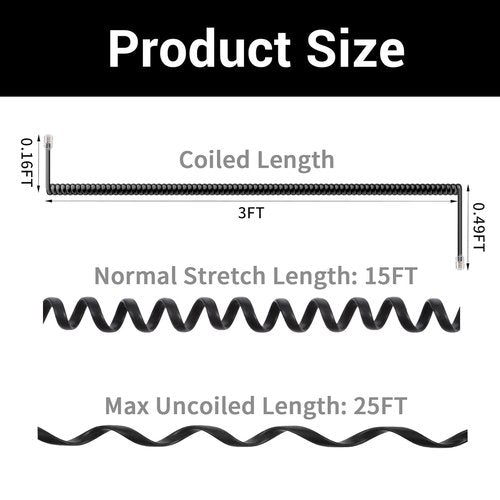 Skiennix 25FT Extra Long Phone Handset Cord - 3FT Coiled RJ9 Telephone Cable for Home & Office, Black