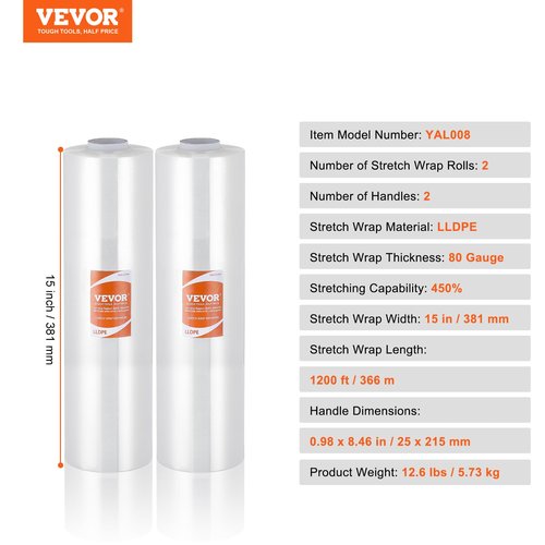 VEVOR Stretch Film, 15 inches x 1200 feet, 80 Gauge Industrial Strength Clear Durable Stretch Wrap Roll, Heavy Duty Shrink Film Stretch Wrap with Handles for Pallet Wrapping Shipping Moving, 2 Pack