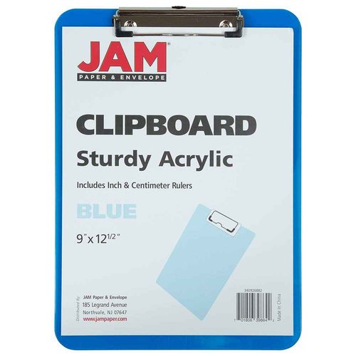 JAM PAPER Plastic Clipboards with Low Profile Metal Clip - Letter Size (9 x 12.5) - Blue - 12 Clip Boards/Pack
