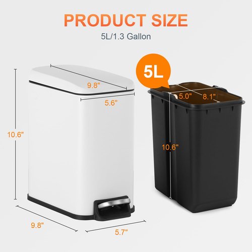 PayLessHere 1.3 Gallon Trash Can Kitchen Trash Can Stainless Steel Garbage Can with Removable Plastic Inner Bucket Lid Foot Pedal for Home Kitchen Bedroom Bathroom (2, White)