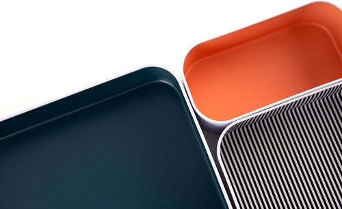 Three by Three Seattle 6 Piece Metal Organizer Tray Set for Storing Makeup, Stationery, Utensils, and More in Office Desk, Kitchen and Bathroom Drawers (2 Inch, Berry, Sunset, Blue, Stripes)