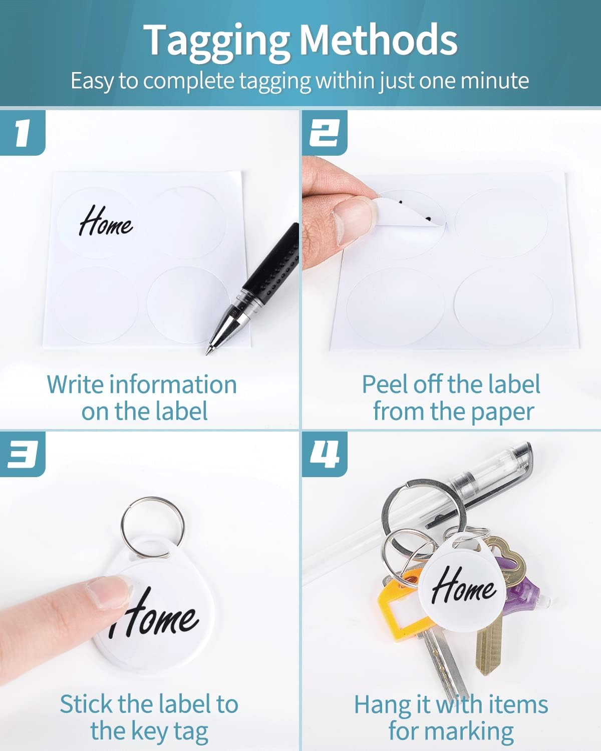 Uniclife Tough Plastic Key Tags - Sturdy Round White Item Identifiers with Blank Labels | 200 Pack