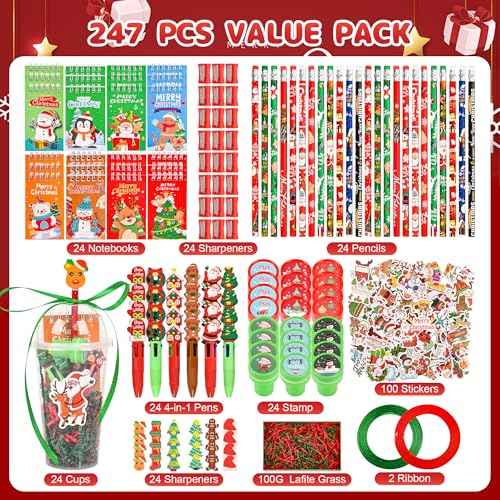 LiYiQ 247 Pcs Christmas Return Gifts for Birthday, Student Stationery Gifts from Teacher, Classroom Gifts Pencil Erasers Notesbook Stickers for Christmas Classroom Birthday Goodie Bags Rewards Prizes