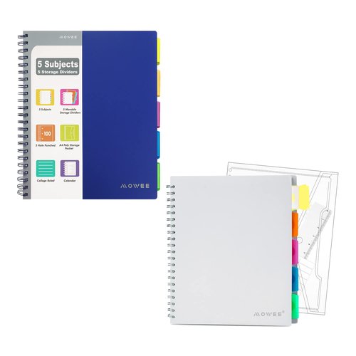 MOWEE 5 Subject Notebook - Spiral Notebook, College Ruled Notebook With Dividers Pocket, Tabs, 11" Ruler, 200 Pages, for Writing Journal, Home & Office, School Supplies, 8.5''x11'' Lily White Blue