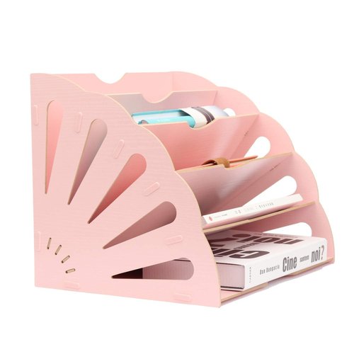 5 Sections Assembly File Sorter Buckle Design Office Wood File Organizer Document Desktop Folder for Home Students DIY Organization, Fan-Shaped Mail Letter Desk File Holder, Pink