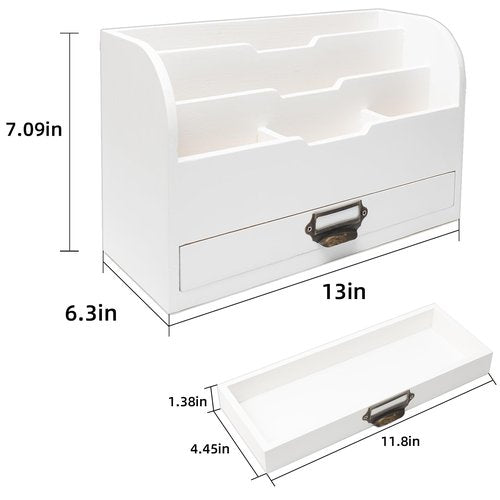 EMAISON Real Wood Desk Organizer 3 Tier Countertop Mail Holder with 5 Compartments and Drawer for Office Accessories (13x7.9x6.3 inches, White)