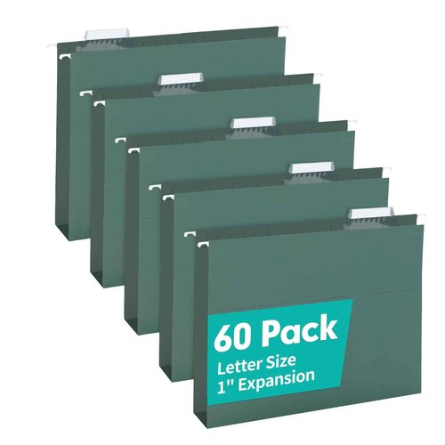 HERKKA Extra Capacity Hanging File Folders, 60 Pack Reinforced Letter Size Hanging Folders with Heavy Duty 1 Inch Expansion, Designed for Bulky Files, Medical Charts, Green