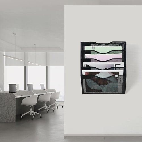 LEKETREE Hanging Wall File Organizer with Office Assorted, 5 Pockets Mesh Wall Mounted File Folder Holder for Mail, Paper, Document, Binder, Magazine, Menu (Black)