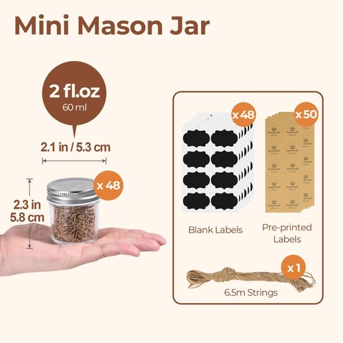 ComSaf Mini Mason Jars - 2 Oz Glass Containers with Lids for Ginger Shots, Honey, Jams & More | 48 Pack