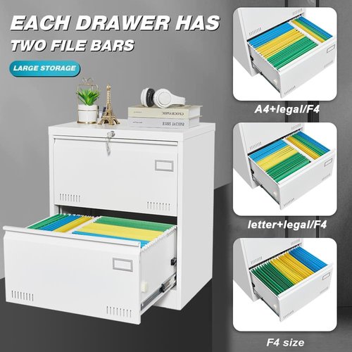 Ball & Cast 2 Drawer Lateral File Cabinet with Lock and Card Holder, Multifunctional Metal Filing Cabinets w/Heavy 3 Section Slide Rail & Breathable Holes,for Legal/Letter/A4,White