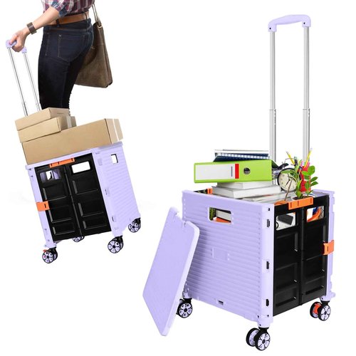 Rolling Crate Utility Cart Collapsible Tote Basket Teacher Cart with Lid Wear-Resistant Noiseless 360°Rotate Wheel Telescoping Handle for Trave Moving Luggage Use(Purple,110lbs)