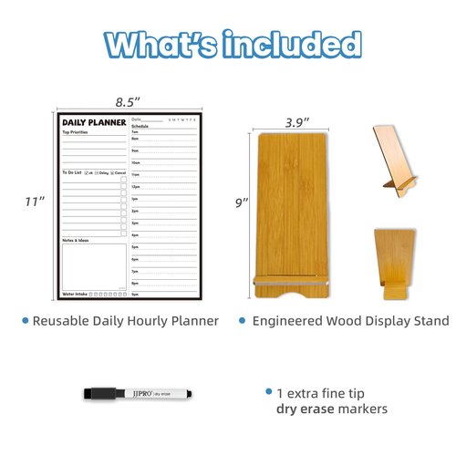 JJPRO Reusable Desktop Daily Hourly Planner with Stand,Reusable Desk Hourly Notepad,Hourly Dry Erase Board with Stand,11"x 8.5"Desk Hourly Planner with Detachable Engineered Wood Stand for Office, Home