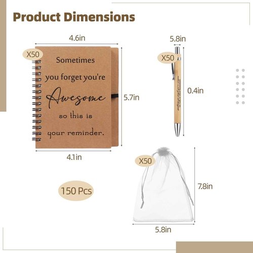 Tideme 50 Sets Inspirational Gifts Bulk, Including Mini Spiral Inspiration Notebook, Retractable Bamboo Pens, and Organza Bags, Encouragement Gifts for Nurse Medical Assistant Coworkers
